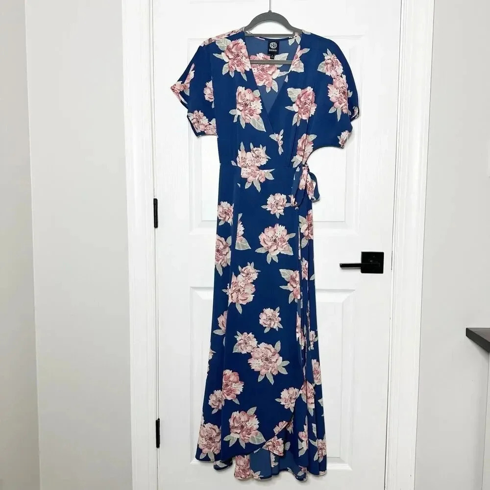 BOBEAU Size Small Short Sleeve Midi‎ Wrap Dress Blue Pink Floral Print